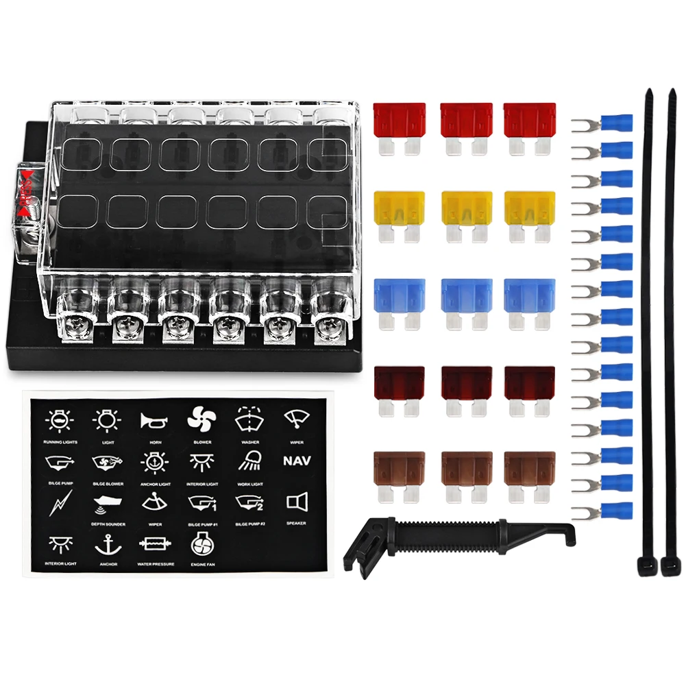 Car Fuse Box 12 Way Blade Fuse Holder Block & Warning Indicator Light Kit for Car Boat Marine 12V Power Distribution Panel Board car fuses kit power distribution block fuse box holder fuse holder fuse box marine fuse block