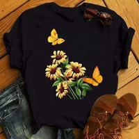 Women Flower Butterfly Fashion Print T Shirt Casual Short Sleeve Ladies T Tee Female Top Shirt Clothes Womens Graphic T-shirt