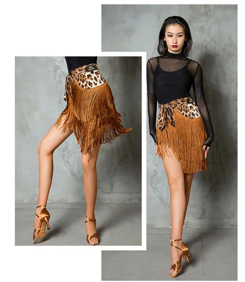 Leopard Latin Dance Dress Fringe Dance Skirt Tassel Hip Scarf Rumba Cha Cha Salsa Performing Costume Women Practice Dance Skirt
