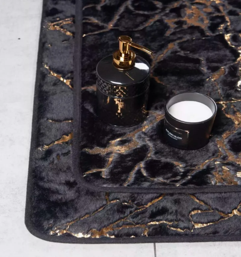 Luxurious Black and Gold Marble Bathroom Rug - Soft and Nonslip Rabbit Fur Bath Mat