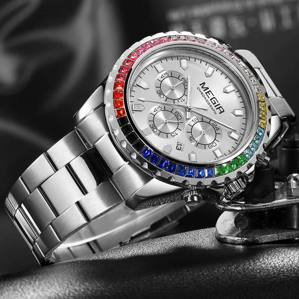 MEGIR Rose gold Luxury Rhinestone Quartz Chronograph Watch