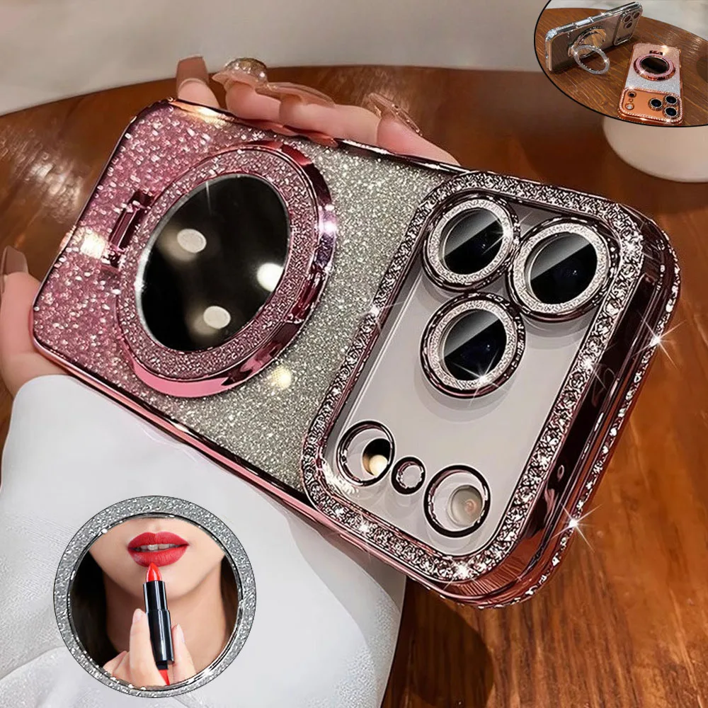 Luxury Diamond Clear Glitter MagSafe Case with Mirror Magnetic Phone Holder and Stand