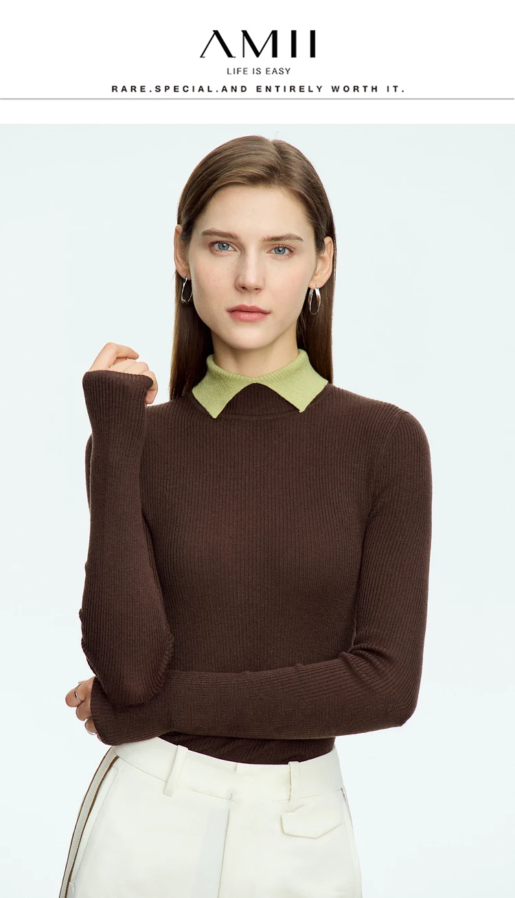 AMII Minimalist Color Contrast Sweater for Women 2024 Autumn