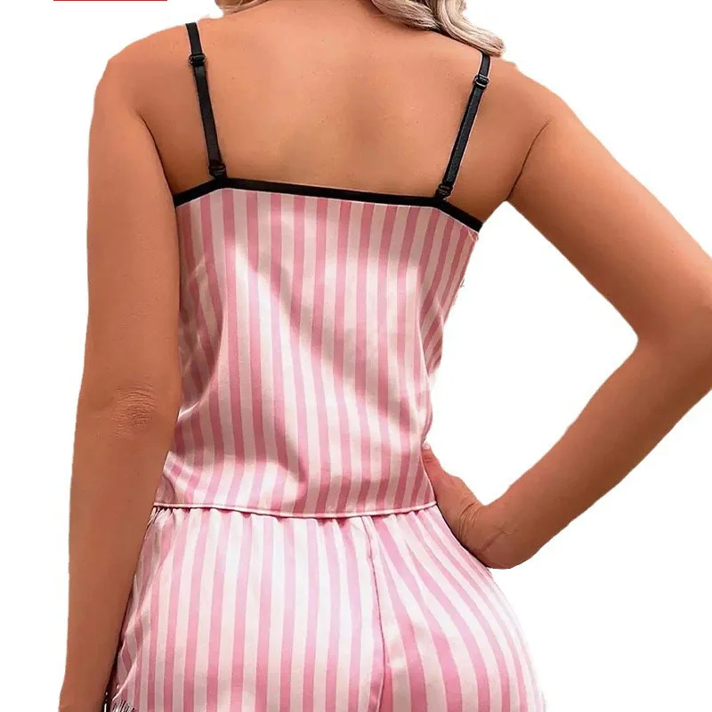 Sexy Women Striped Pajama Set Cami Top and Shorts Set with Lace Trim Sleepwear Loungewear  Nightwear Fashion Pink Plus Size