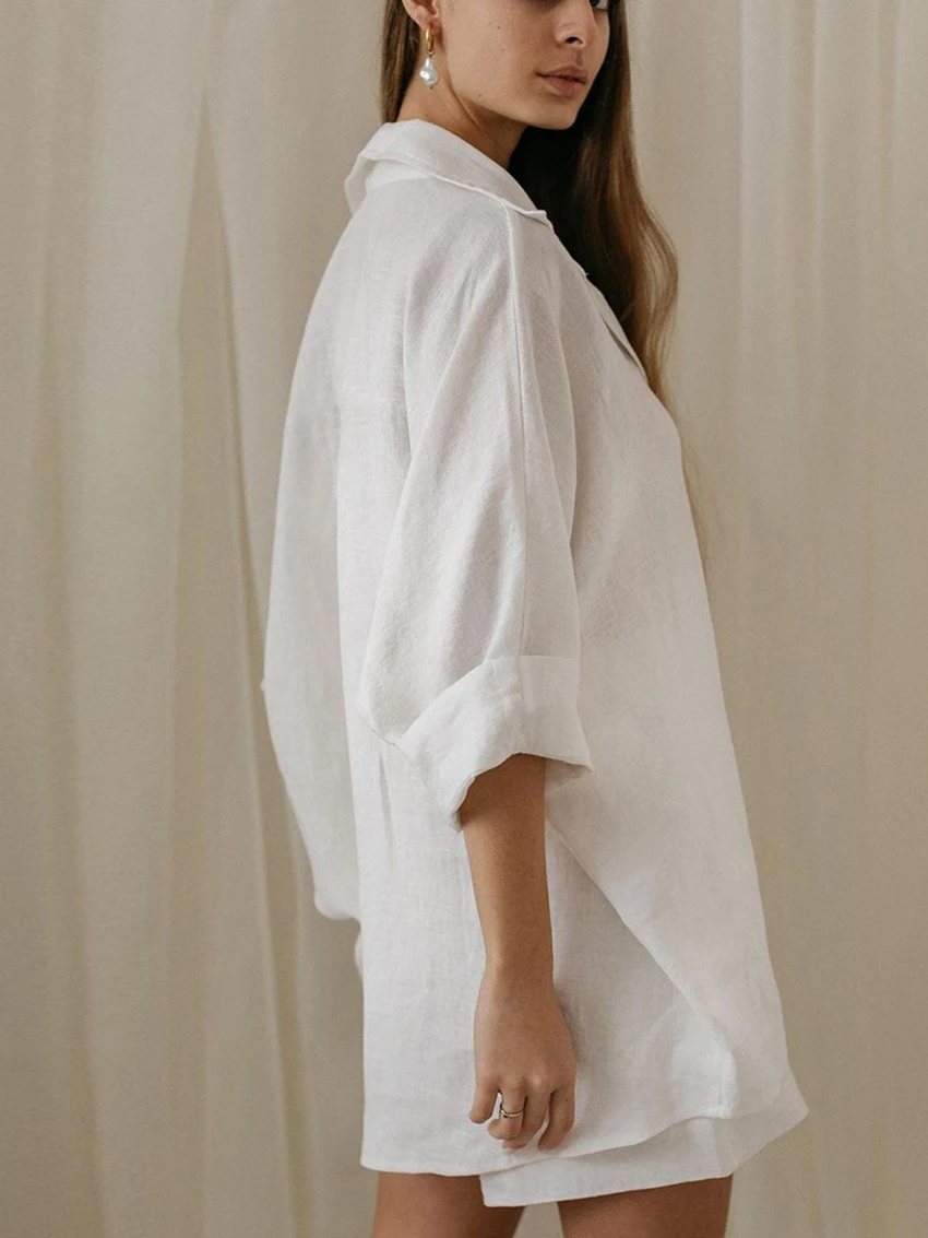 Marthaqiqi Cotton Women Pajama 2 Piece Suit Turn-Down Collar Sleepwear Long Sleeve Nightgowns Shorts Casual Home Clothes Ladies