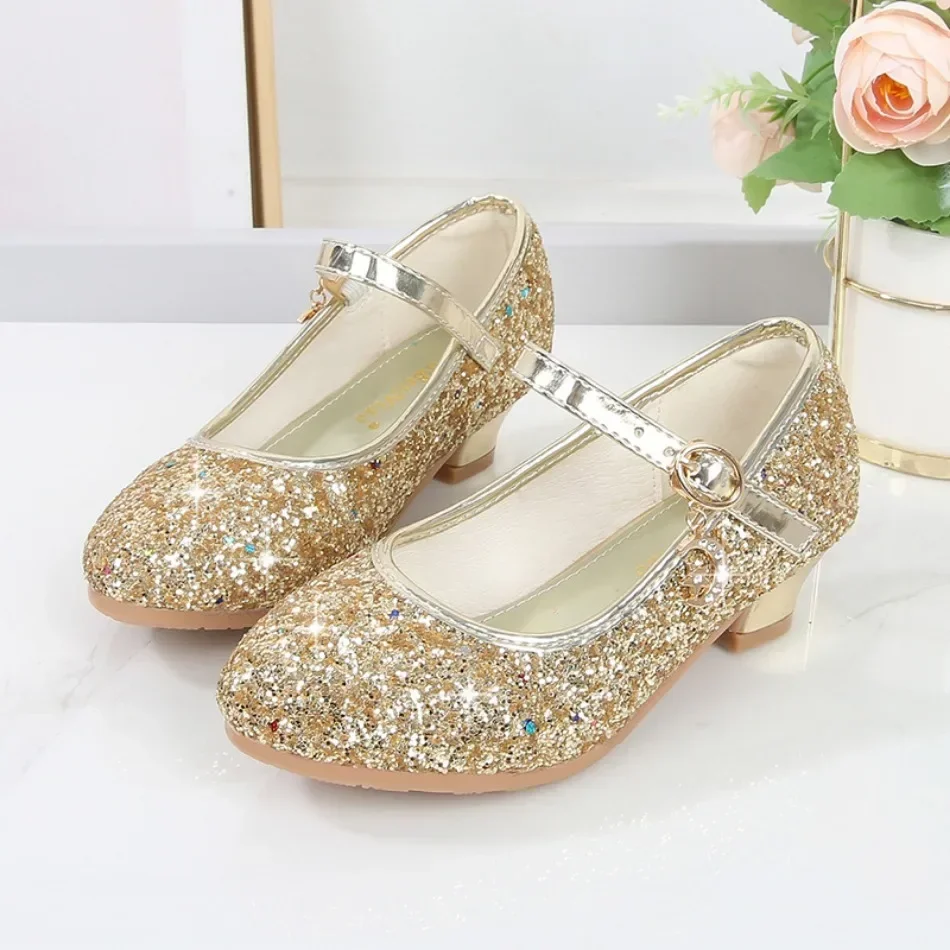 Girls Shoes Children High Heel Glitter Crystal Sandals Fashion Buckle Kids Princess Dance Shoe Student Performance Leather Shoes - 2