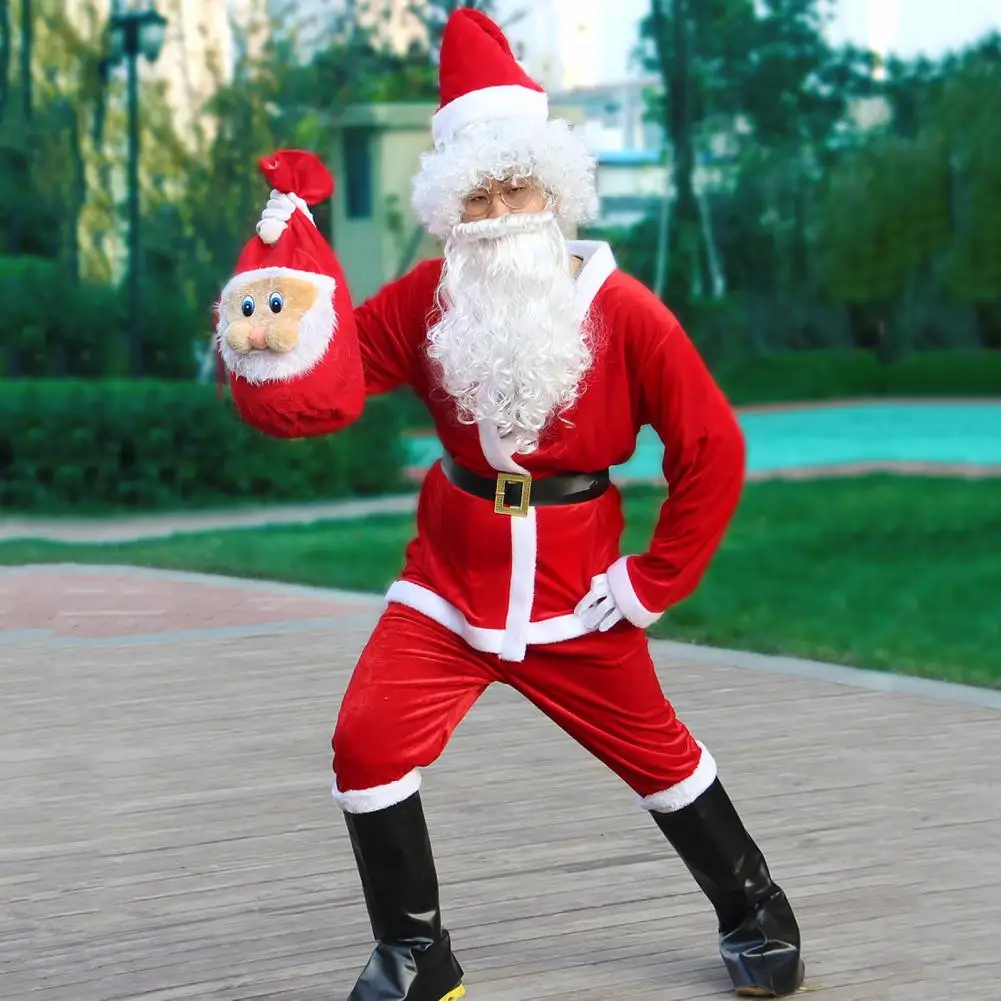 Santa Outfit Santa Claus Cosplay Costume Set for Christmas Performance Photography Outfit Including Top Pants Hat Belt for Drama