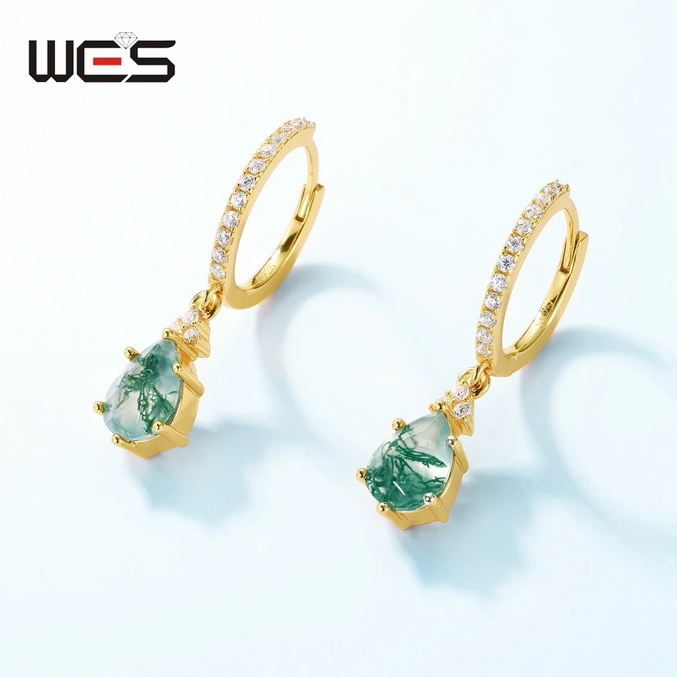 

WES 925 Sterling Silver Earrings For Woman 6*8mm Natural Moss Agate Gold Plated Certified Jewelry Anniversary Wedding Gifts