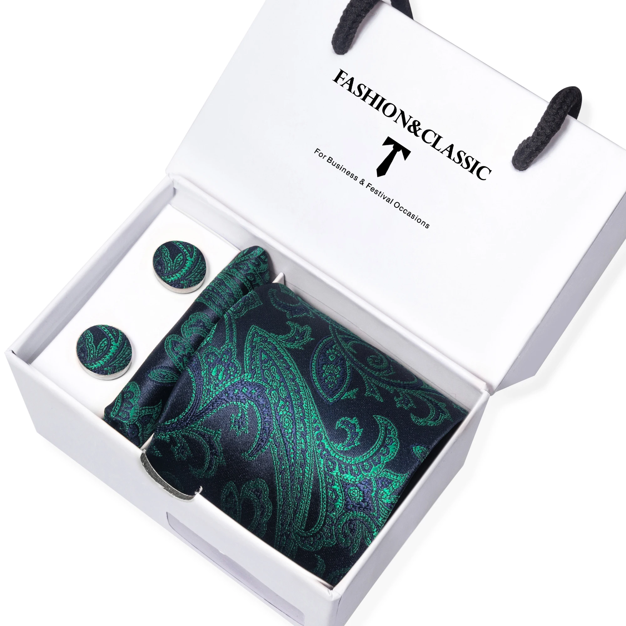 Krawatte für Herren, brandneuer Stil, 8 cm Krawatte, Einstecktuch-Set, Krawattenbox, Herren, grüner Blumenanzug, Accessoires, geeignet für formelle Anlässe. – Detail 17