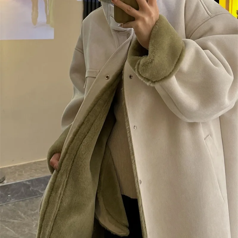 Women's Imitation Fur Coat, Long Over-the-Knee, Thick Lamb Wool, Warm Outwear, Loose Stand Collar, Casual Parkas, Winter, New