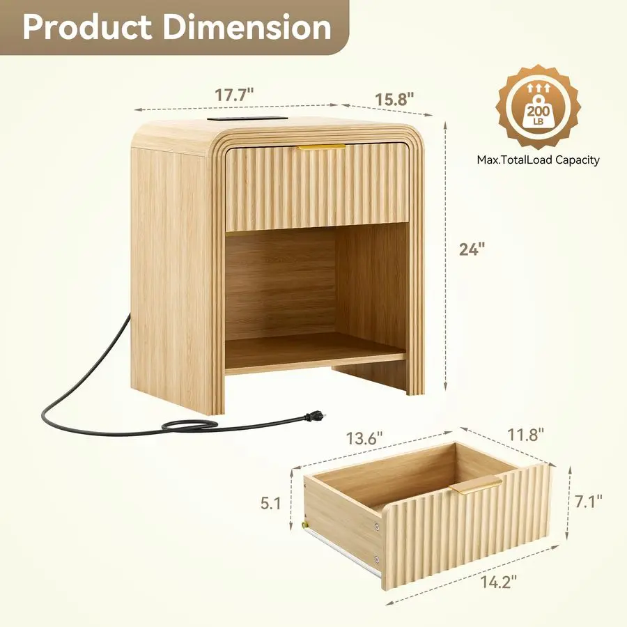 Fluted Nightstand with Charging Station – Gold Handles & Open Shelf 2