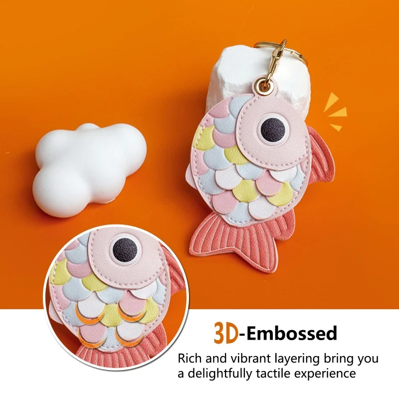 Luxurious Leather Smart Tag Holder Keychain with Key Rings and Cute Fish Design