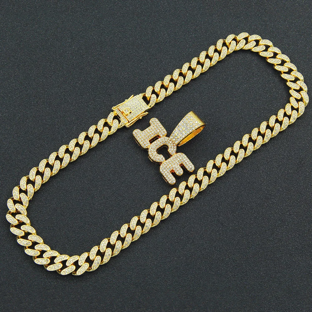 

Iced Out Cuban Chains Bling Diamond Letter ICE Rock Rhinestone Pendant Mens Necklaces Gold Charm Hip Hop Jewelry for Male Choker