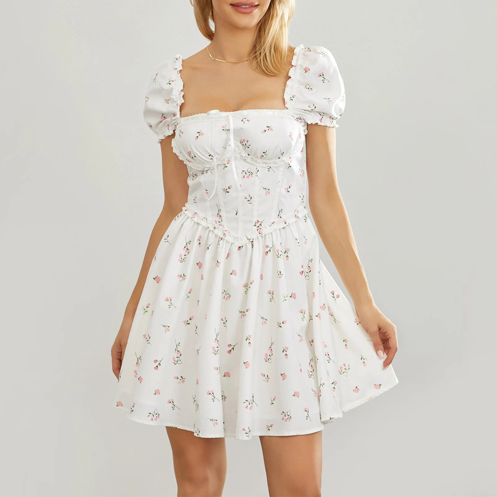 

Womens Off-shoulder Mini Dress Ruffle Fairy Summer Beach Dress Solid Short Sleeve Flowy Bodycon Short Dress