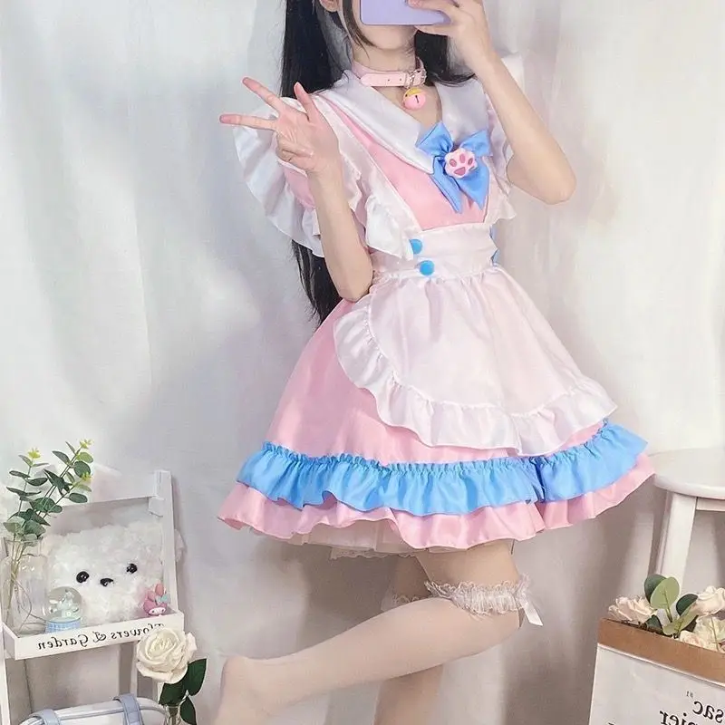 

Pink Blue Maid Costume Daily Cute Sister Women's Suit Dress