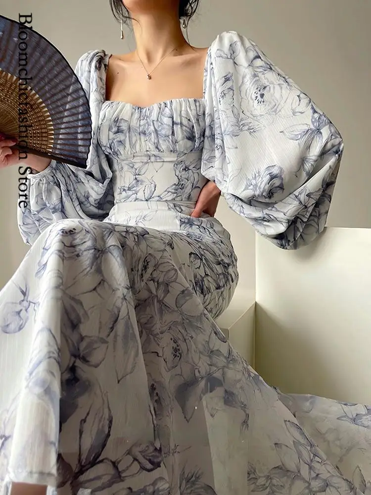 Vintage Floral Print Dress Set  For Women Square Neck Fluffy Sleeve Dresses Suit Summer Grace Banquet Club Lady Vestido Outfits