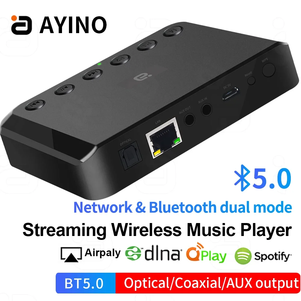 

AYINO Wireless Bluetooth WIFI Audio Receiver for Airplay Spotify DLNA NAS Multiroom Sound Stream Music Box Optical Adapter