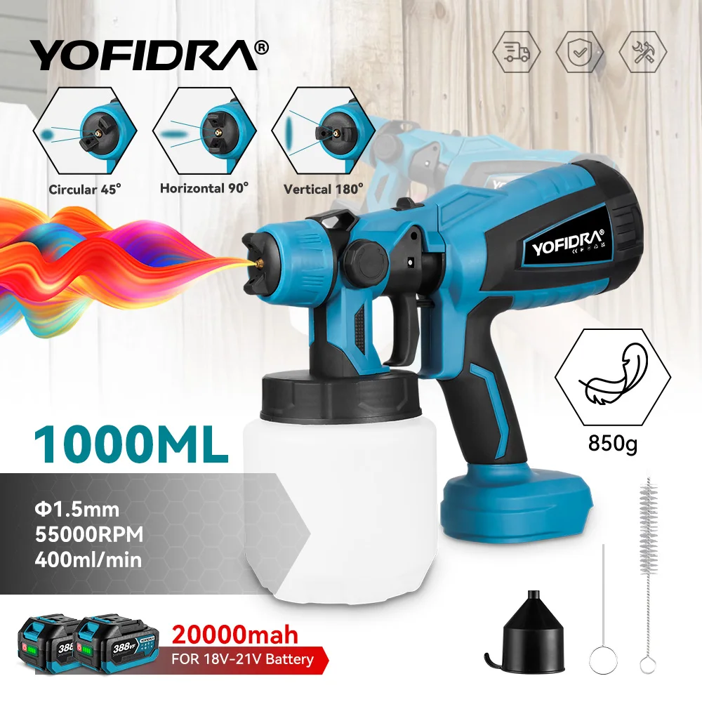 YOFIDRA Electric Spray Gun 1000ML, powerful portable cordless paint sprayer for furniture coating compatible with Makita 18V battery pin