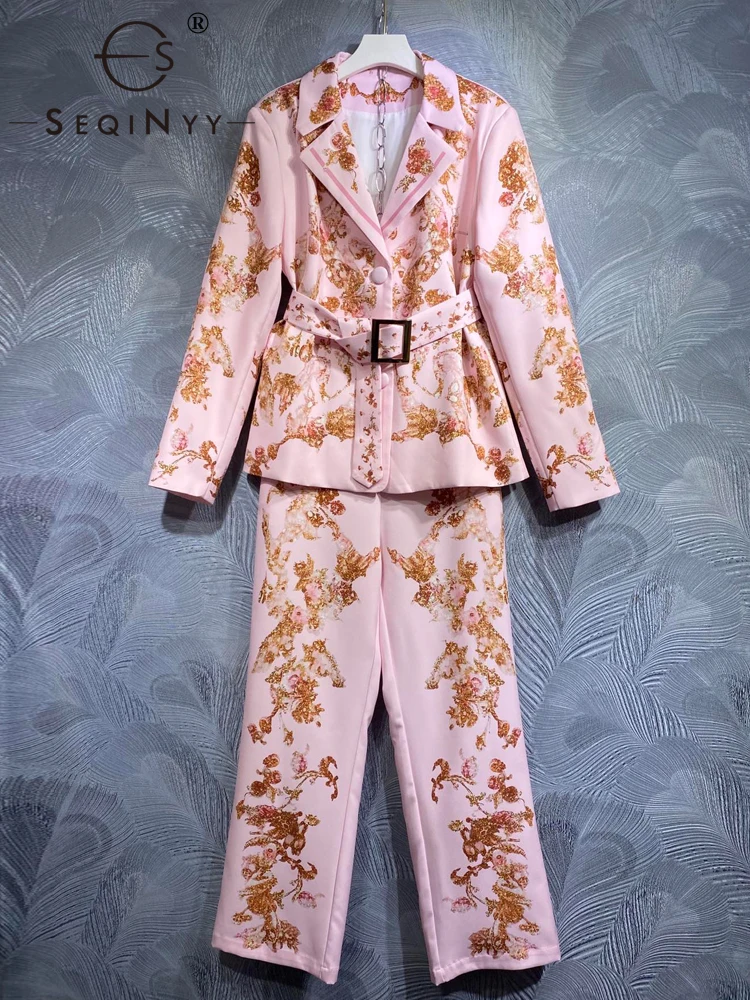 

SEQINYY Pink Suit Spring Autumn New Fashion Design Women Runway High Street Jacket Belt + Long Pants Vintage Flower Print
