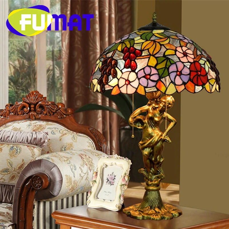 

FUMAT Tiffany retro pastoral 16 inch stained glass table lamp Grape flower art Deco living room Study bedroom reading lamp