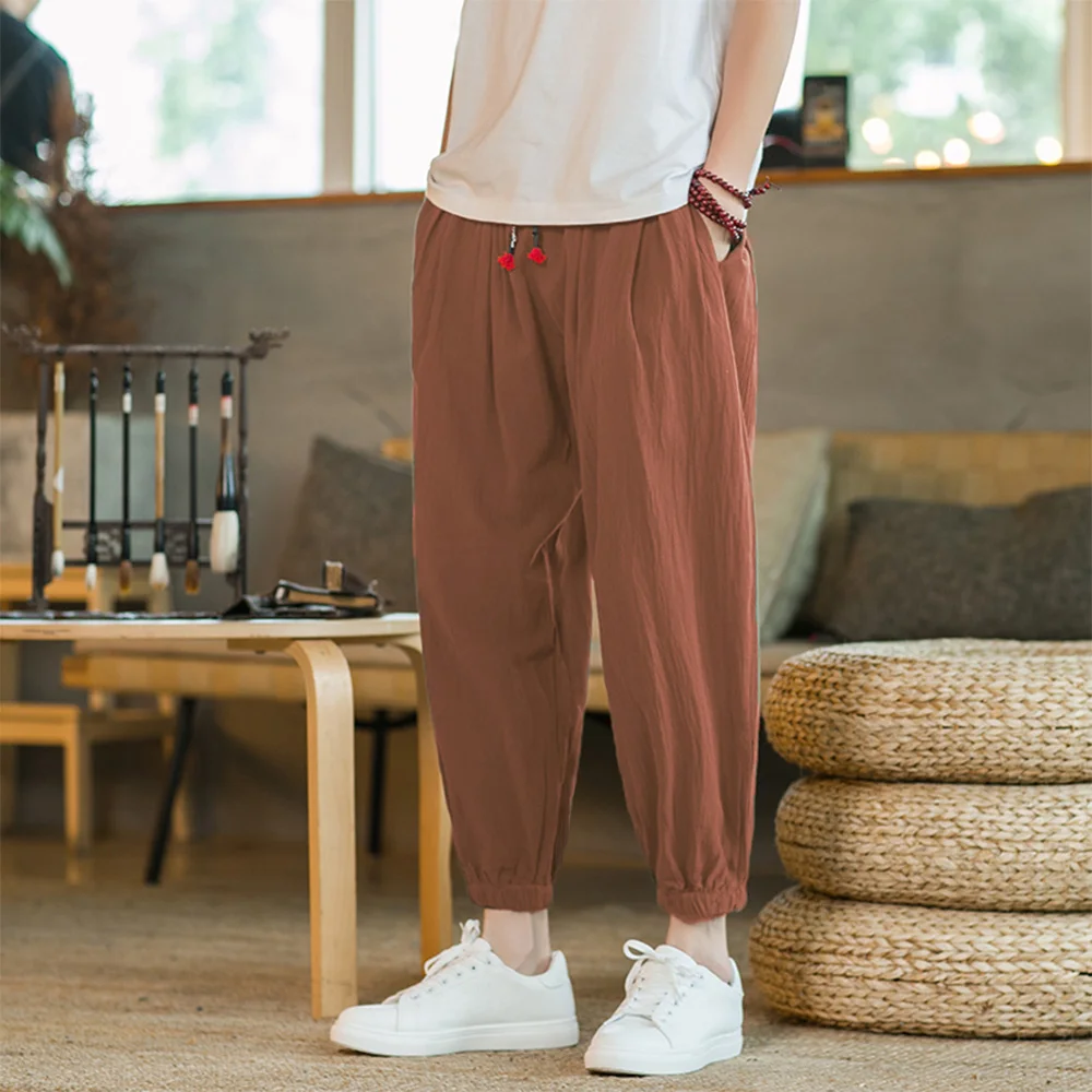 Men's Cotton and Linen Harem Pants Casual Loose Oversize Beach Pants Chinese Style Wide Leg Trousers Joggers Men Summer 3