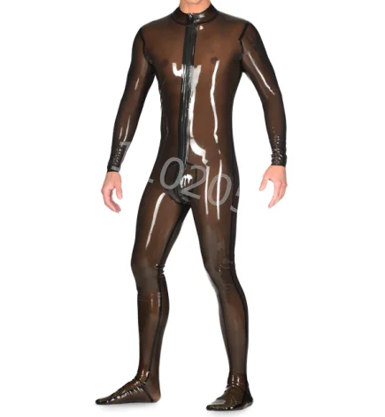 

Handmade Black Men's Latex Catsuit with Front Crotch Zipper Attached Socks Rubber Gummi Bodysuit