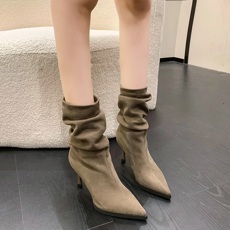 

Pointed Toe Stretch Short Boots Women 7.5cm Stiletto 2022 New Winter Flock Mid-Calf Knight Boots Retro Pleated Warm Botas Mujer