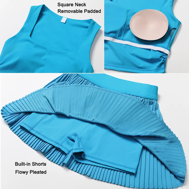 2 Piece Tennis Dresses for Women High Waisted Pleated Skirt Sets Square Neck Padded Crop Top Athletic Workout Dress with Shorts