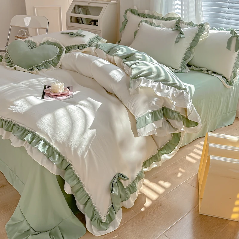 

Washed Cotton Bedding Set roupa de cama Lace Ruffles Bedsheet Set with Pillowcase for Girls White and Blue Bedclothes Queen Size