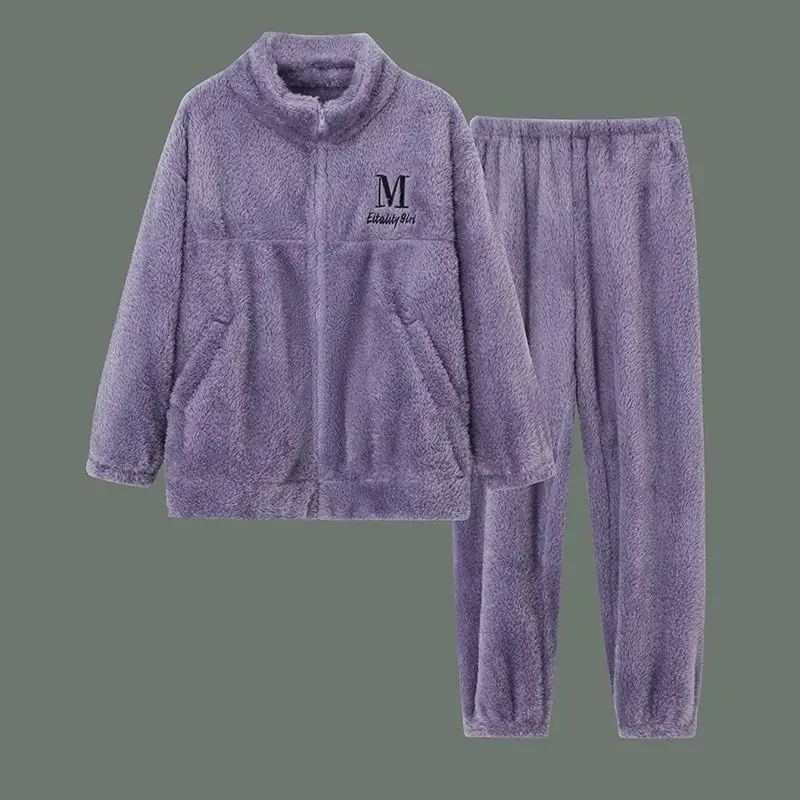 2024 Pajama Women's Autumn Winter Fleece Thickened Loungewear Plus-size Sweet Warm Sleepwear High-neck Loose Fleece Homewear