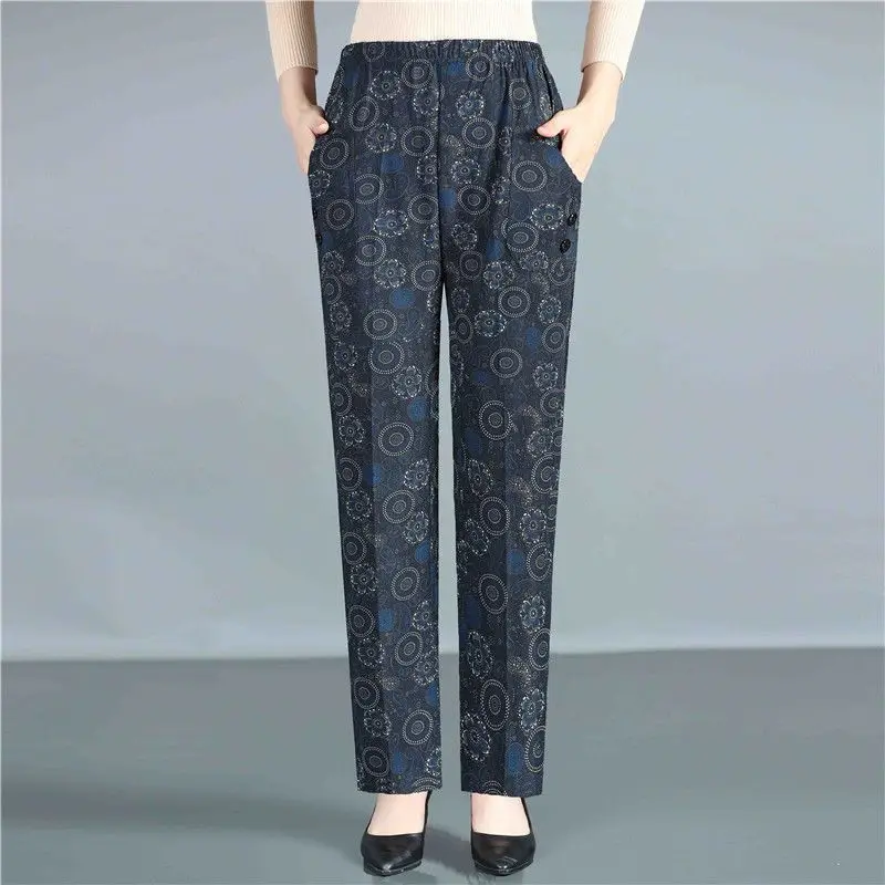 Autumn and Winter Women's High Waist Patchwork Button Printing Slim Loose Fashion Casual Elegant Commuter Straight Leg Pants