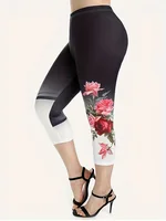 Plus Size Large Casual Set, Summer New Contrasting Rose Flower Print Oversized Round Neck T-Shirt Pants, Slim Fit Two-Piece Set - Image 5