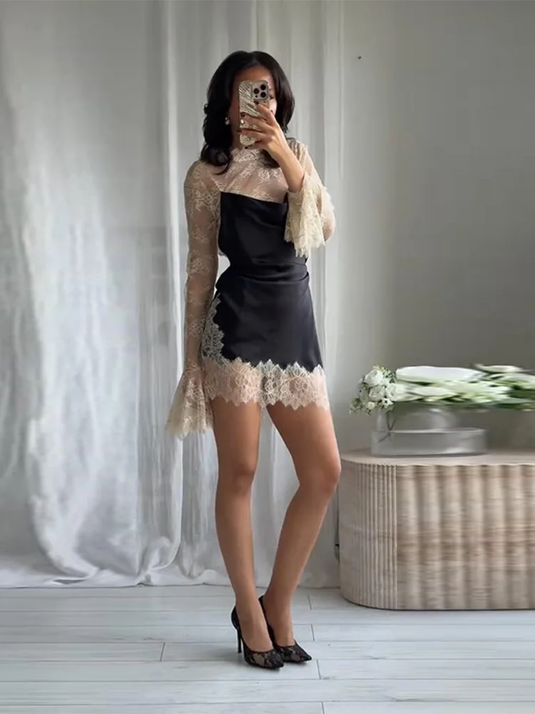 Sexy Lace Sling Patchwork Mini Dress Women Fashion Flare Sleeve Half High  Neck Waist-cinching Dresses Female Chic Elegant Robes - AliExpress 200000345