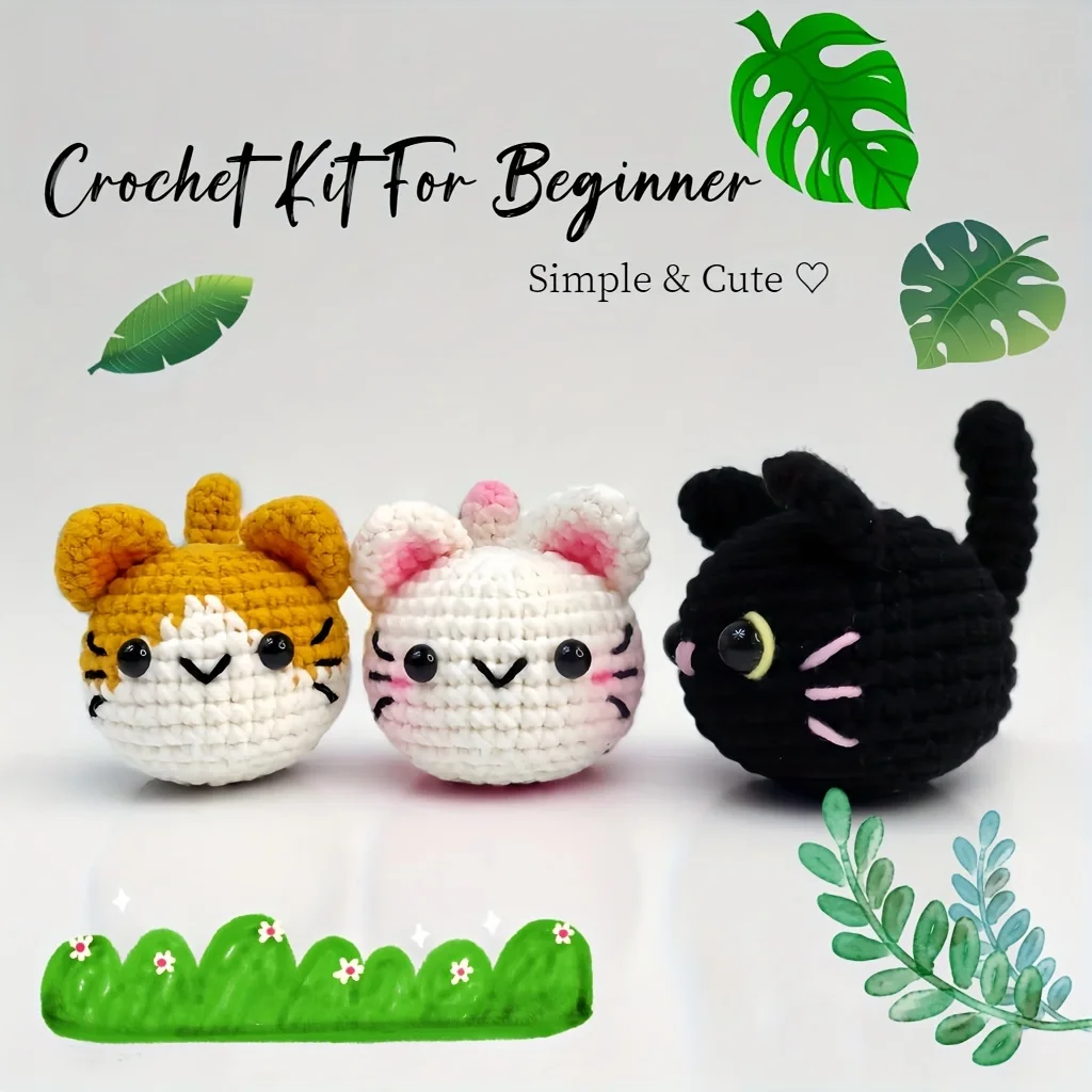 Crochet Kit 3pcs Cat Amigurumi Beginner Step-by-Step Video Tutorial DIY Crochet Cats