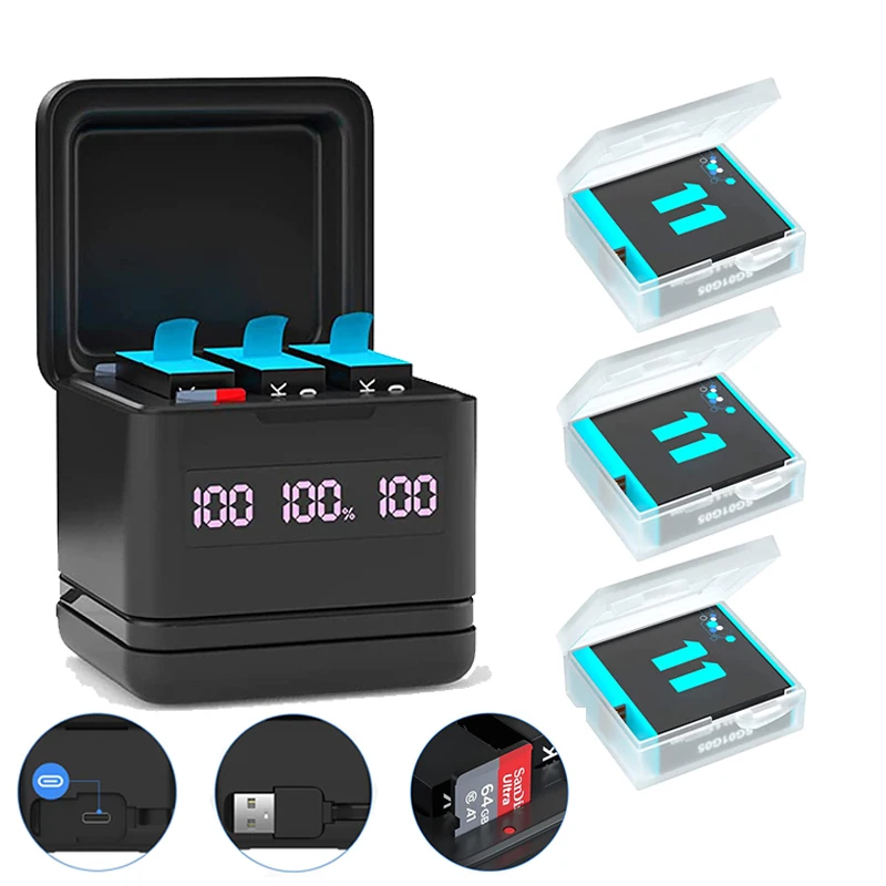 PUENDI GoPro Hero 9/1011 배터리, USB 및 Type-C 고속 충전기, 고속 SD 카드 리더 기능 포함, Gopro Hero 9/10/11 Black 카메라 액세서리에 사용됩니다. (최신 연구개발 제품, 강력한 기능)