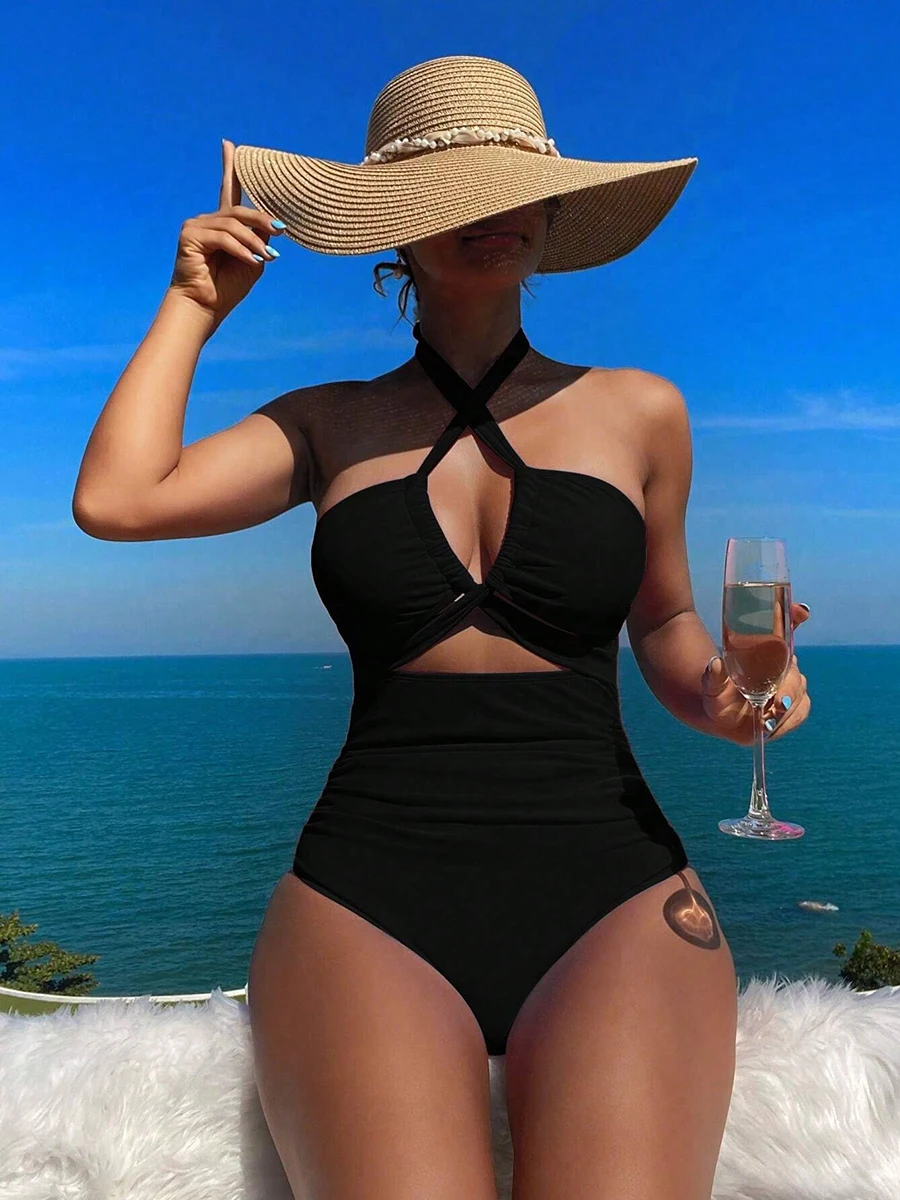 Drawstring One-piece Women Swimsuit Swimwear Female High Waisted Bikini Bandeau Halter Bathing Suit Swimming for Monokini