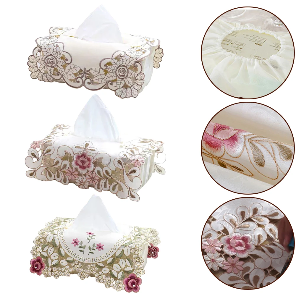 Exquisite Vintage Lace Fabric Tissue Box Cover European Style Embroidery Pastoral Style Embroidery Fabric Tissues Box Cover 5