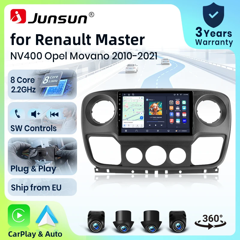 Radio para Auto Junsun de 8 Núcleos con 4G WiFi para Renault Master, Nissan NV400, Opel Movano 2010-2021, Pantalla IPS, CarPlay, Android Auto, GPS, Navegador, Estéreo, SWC, BT, FM, AM, RDS, DSP, 2Din, Mirror Link, Reproductor Multimedia, Chat de Voz con IA, Cámara 360 Opcional, Actualización OTA, Unidad Principal 1