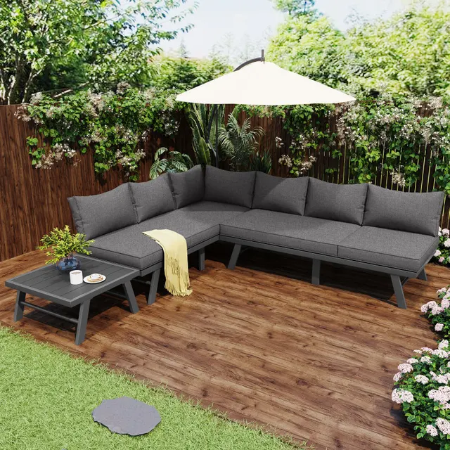 Set di mobili da giardino, set di poltrone per 5-6 persone, divani 2-3 posti, 1 tavolo, inclusi 7 cuscini grigi, ferro zincato 1
