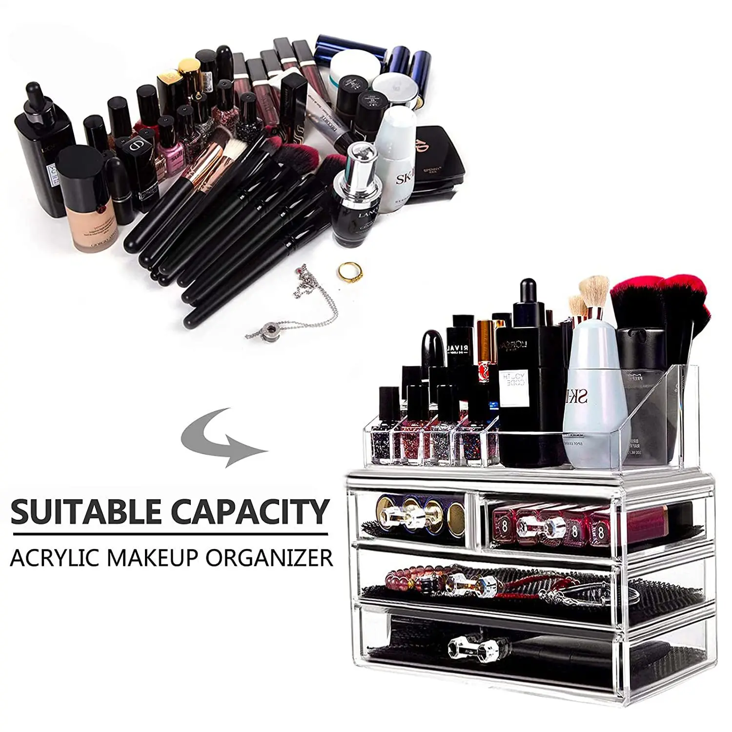 Makeup Organizer Acrylic Cosmetic Storage Drawers and Jewelry Display Box Skin Care Stackable Storage Box For Vanity