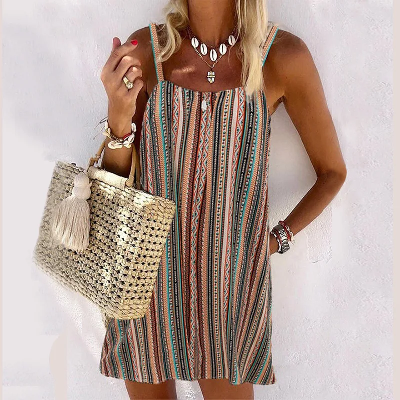 

Summer Dress Women 2023 Striped Sleeveless Mini Beach Dress Sling Sexy Printed Festa Wear Praia Bohemian Casual Vestido De Mujer