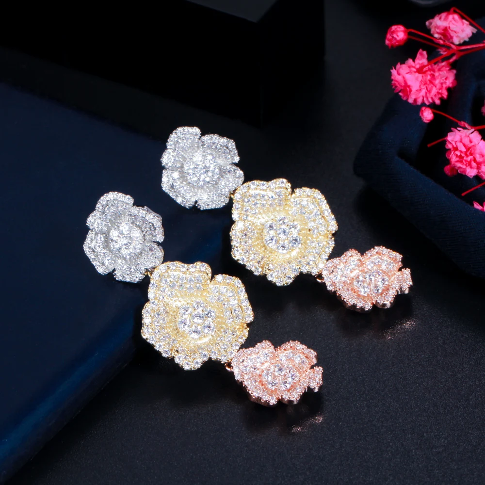 ThreeGraces Unique Cubic Zirconia 3 Tone Gold Color Long Flower Drop Earrings for Women New Fashion Dancing Party Jewelry E1431