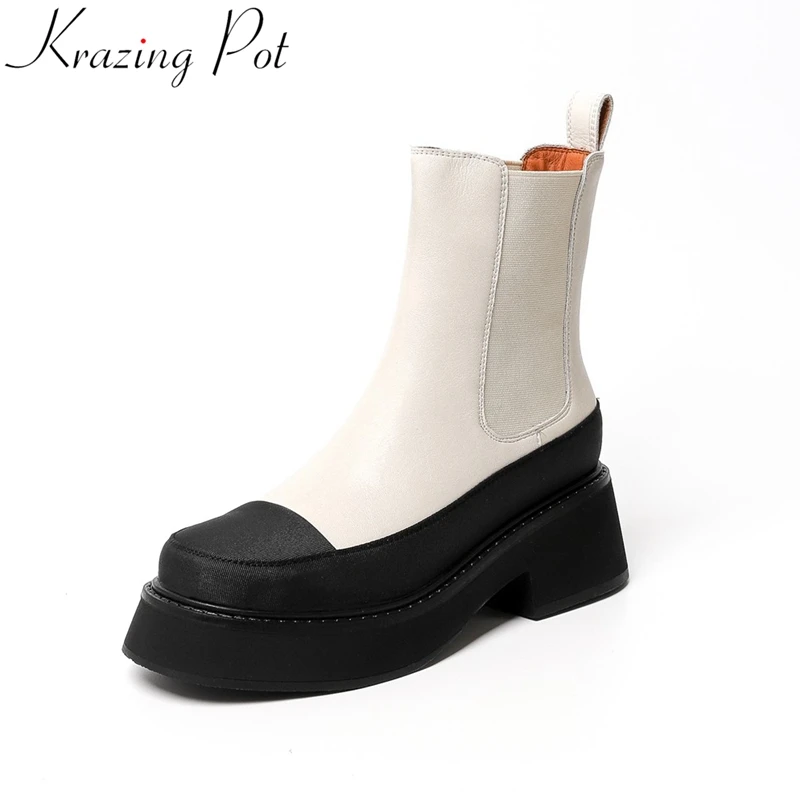 

Krazing Pot Fashion Cow Leather Mixed Colors Motorcycles Chelsea Boots Modern Med Heels Warm Winter Platform Casual Ankle Boots