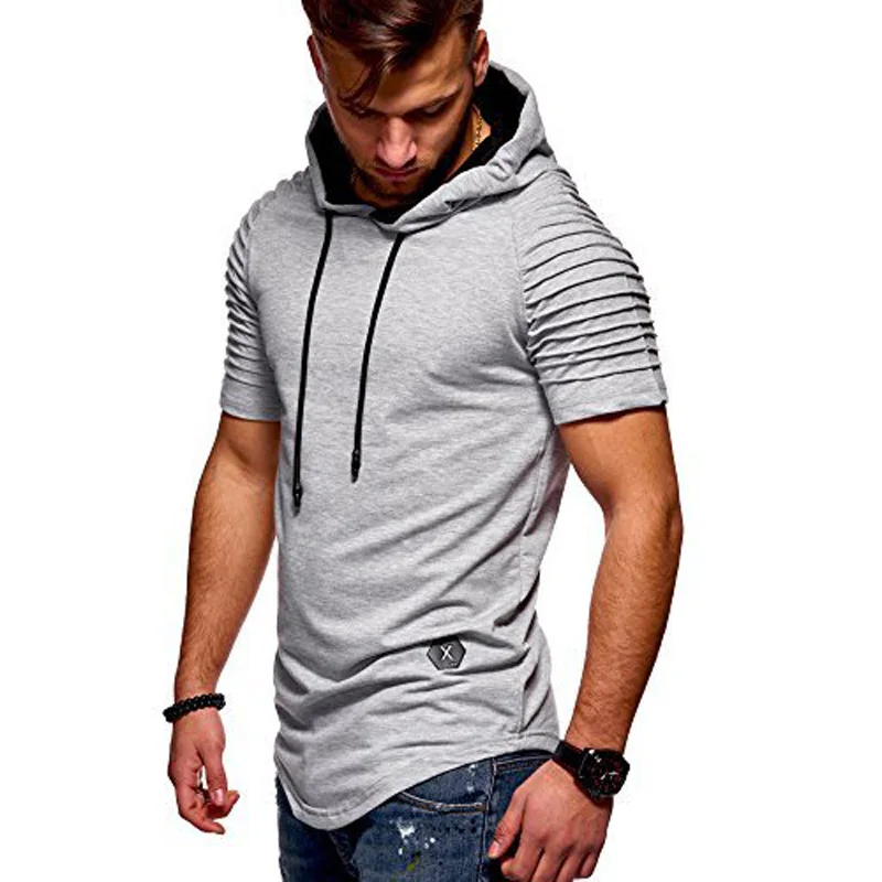 

HOT 2022 Spring Summer Hoodies Casual Solid Drawstring Striped Cuff Muscle Fitness Short Sleeve Hoody T Shirts Men Tees