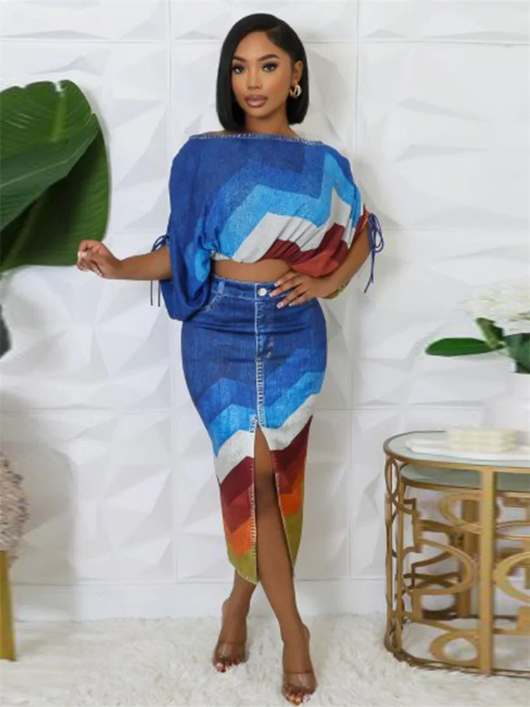 Wmstar Women's One shoulder Long Casual Sleeve Printed Blue Bat Sleeve Top Slit Short Skirt Two piece Set Wholesale Dropshipping