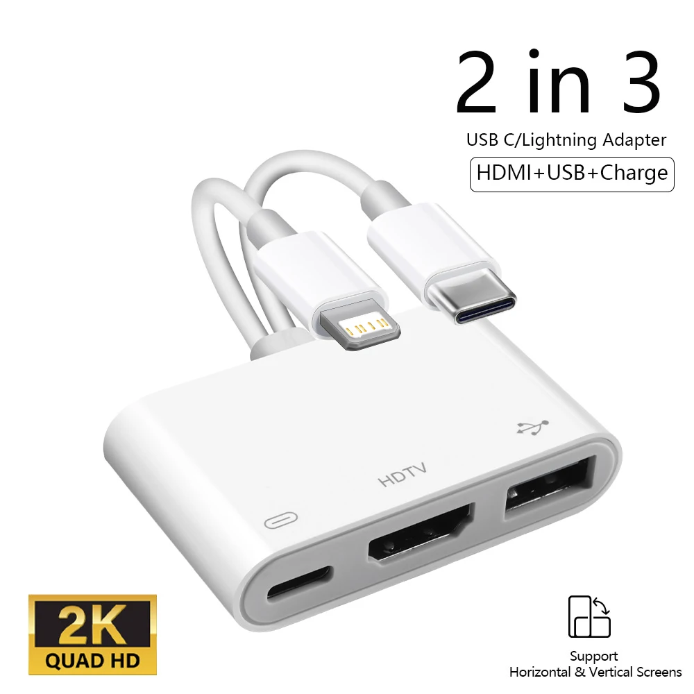 Otg Adapter Usb To Type C Adapter Lightning To Hdmi Adapter USBC/Lightning to HDMI Digital AV Adapter HD Sync Screen Connector Cable with USB Camera OTG Adapter For iPhone 17 16 15 14