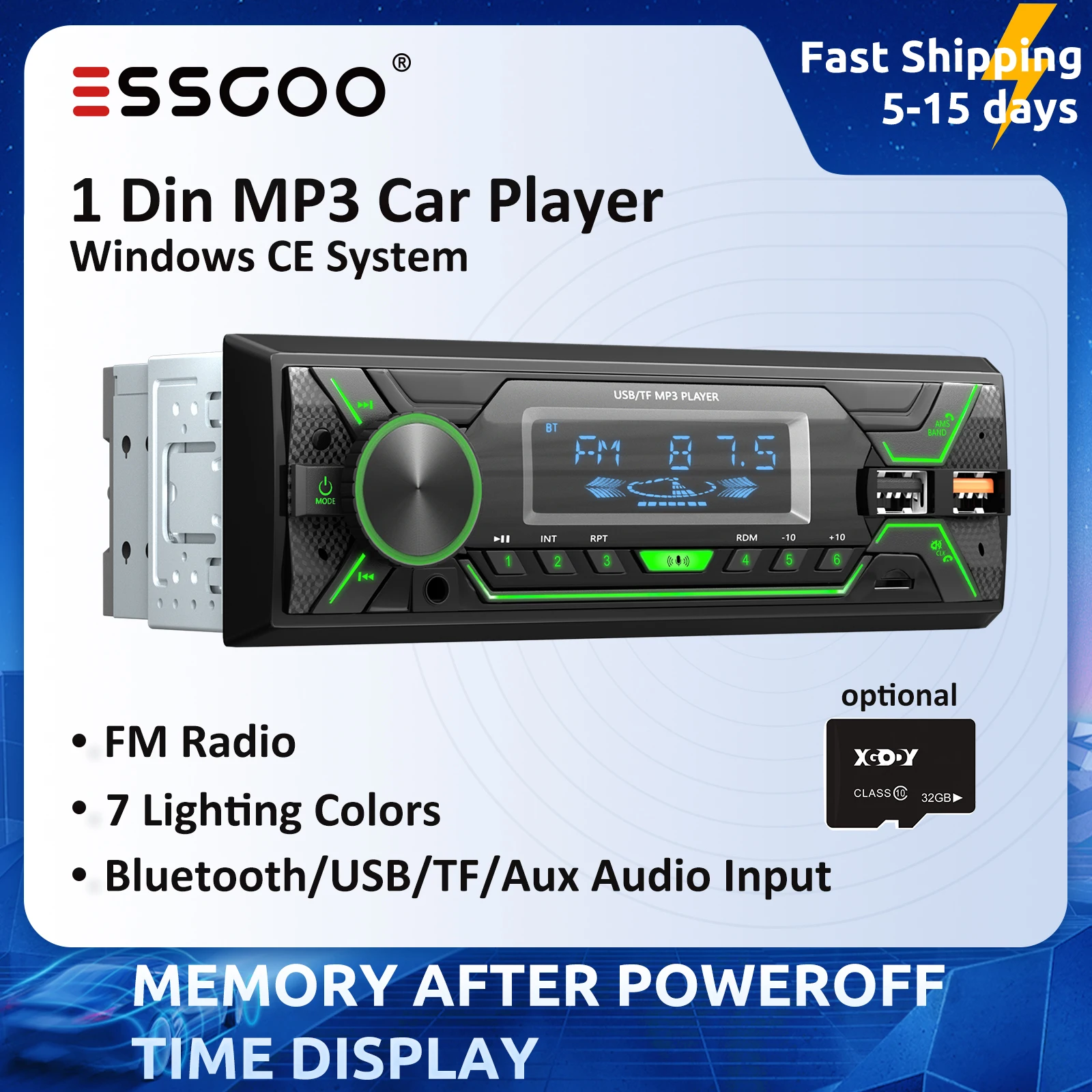 Автомагнитола ESSGOO, стерео-система с MP3-плеером, Bluetooth, FM, TF, AUX, Типоразмер 1 Din