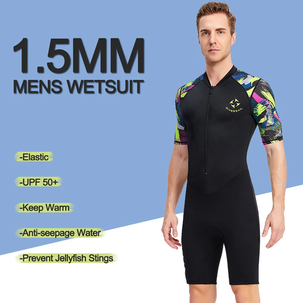 1.5mm Neoprene Wetsuit Men Short Sleeve Front Zip Scuba Bathing Suit