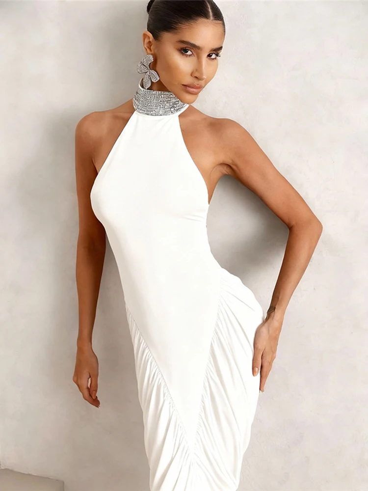 Nibber Button Stripe Turtleneck Maxi Dress Women Backless Folds High Split Sleeveless Elegant Fashion Banquet Chic Vestidos