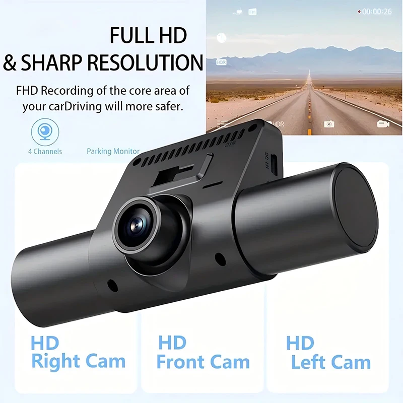 Dashboard Recorder 4-Lens 1080P Car Night Vision Machine Rotatable Camera Cyclically Record Reversing Camera 2.0-Inch